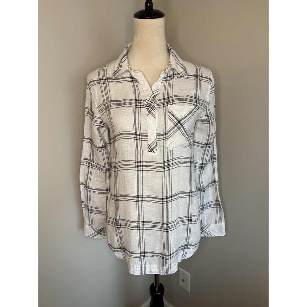 Garnet Hill 100% Linen Plaid Blouse Popover White Gray Top Coastal Cottage Sz 2